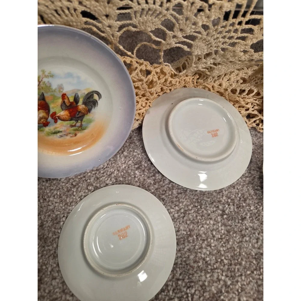 Vintage Germany 282 Lusterware Rooster Tea Set Miniature Sugar Bowl Cups Plates